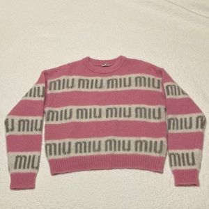 Miu Miu fuchsia logo sweater intarsia logo stripe mohair knit fuzzy jumper 2021